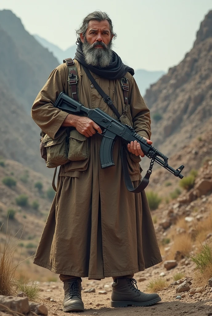 A mujahid in white clothes holding an AK-47 rifle with the inscription 'Laskar Jihad Hualoy' on his clothes.
