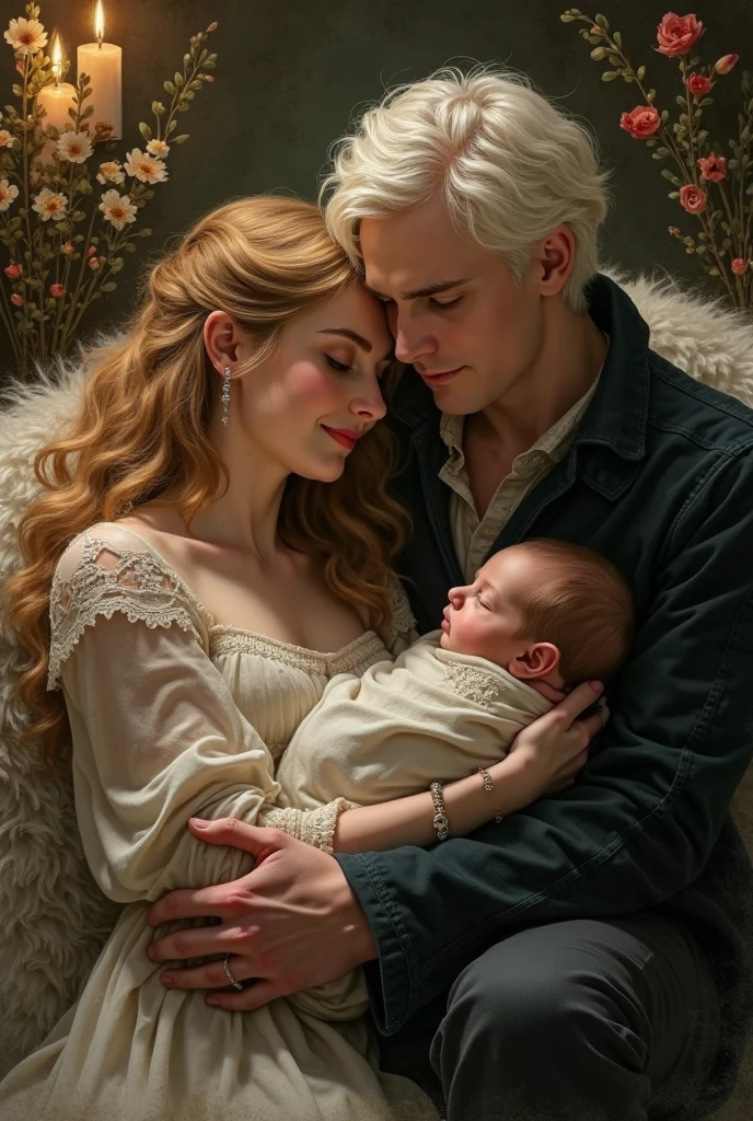Um pai, a mother and her baby. The father is Arthur Morgan from Red Dead Redemption. The mother has red hair and green eyes and the baby is a newborn with white hair and green eyes..