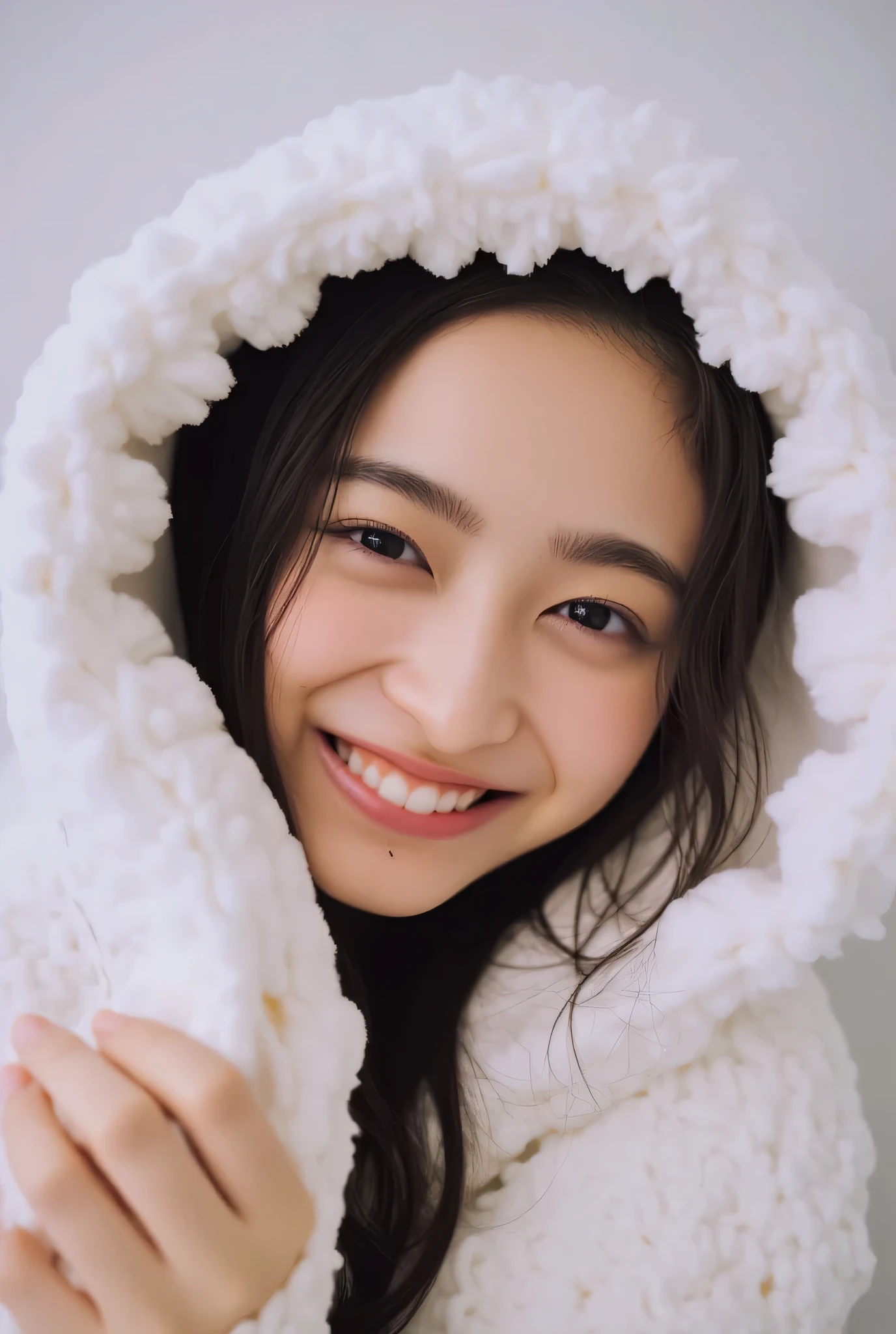 a woman with a cute smile is cute, Fluffy Off Shoulder Pyjamas, posing with arms in front of chest, View above the collarbone、 background is monotone