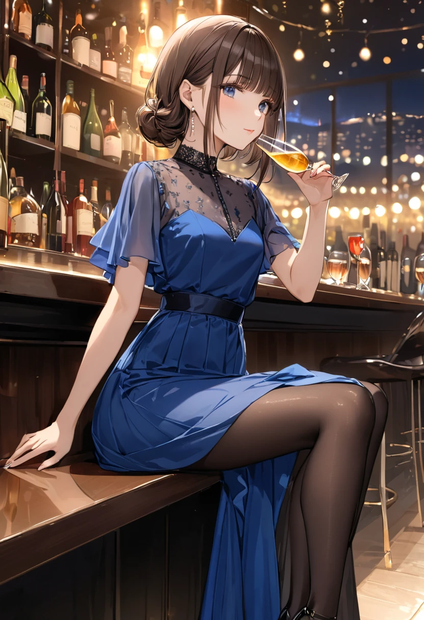 masterpiece, High resolution, perfect face, beauty of japan, 30 years old, beautiful face, night bar, skirt dress, embarrassed look, look at the camera, (top quality eyes), (detailed texture), look at me, Married woman, cool women, (high resolution eyes), sitting on the bar chair