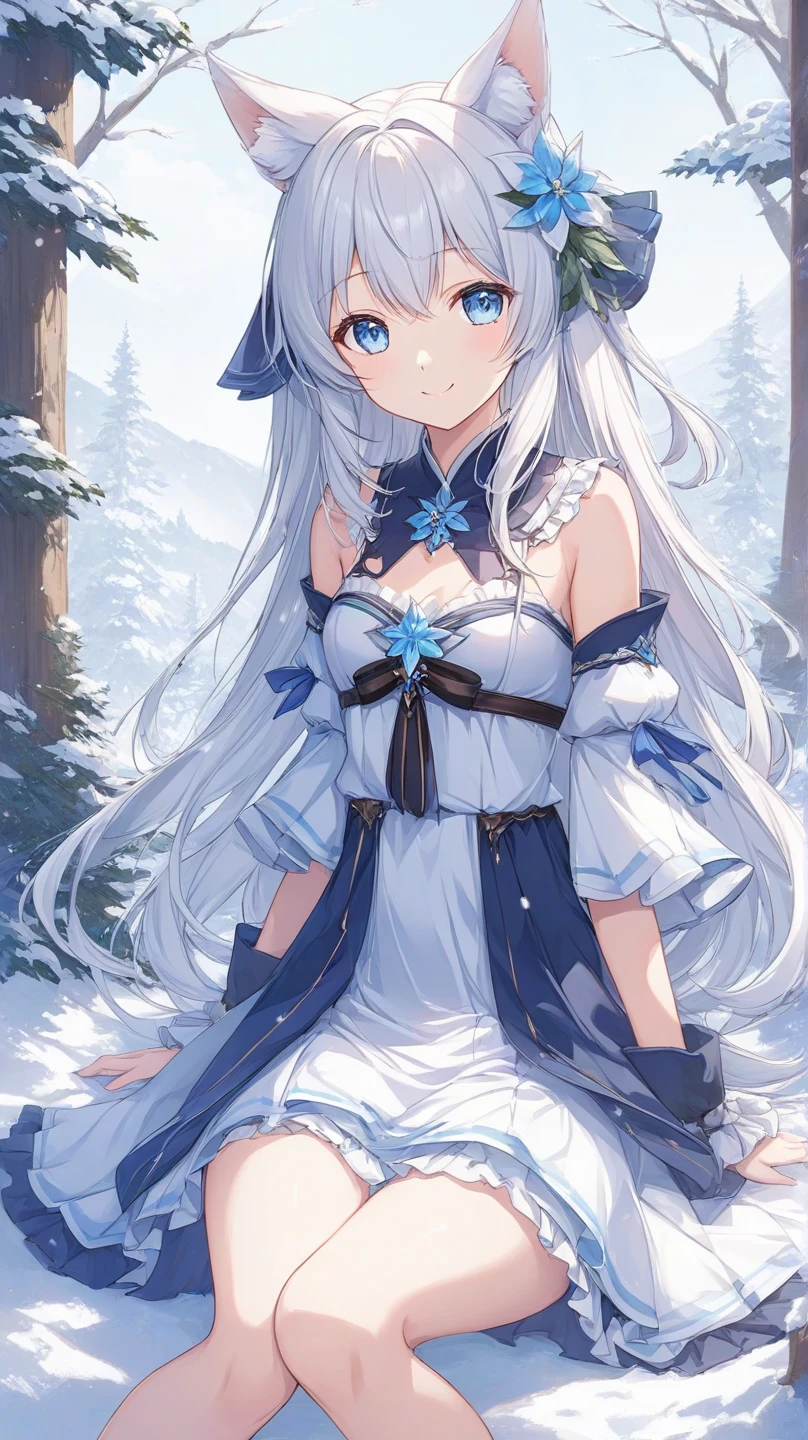 female furry with white wolf ears, white fur, white tail, white eyes color, small smile, shy, blush,
black gloves, white hair, long hair, black and blue kimono, beautiful front view, on knees, open legs, blue flower hair accessory, blue bra hidden by the kimono,
middle sized breasts, necklace with blue pearls,
pov, full body
ultra detailed fur
mountains, trees,
ambient light, volumetric light, sunset, outside, blue sky with some white detailled clouds, winter, snow, beautiful lights and shadows
from bottom