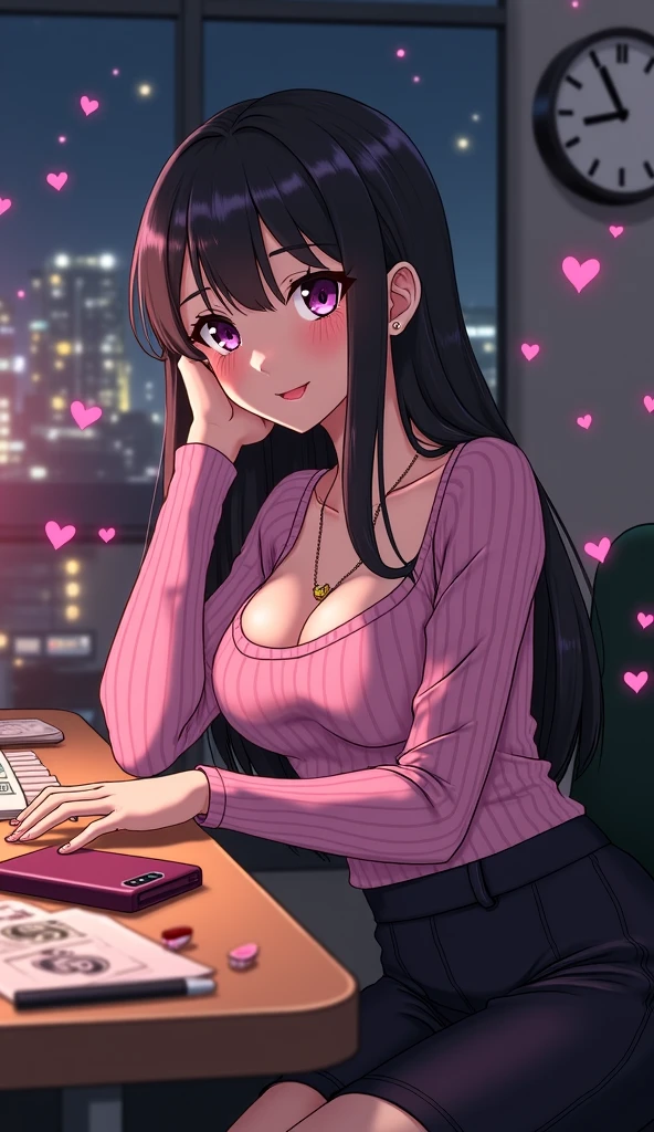 Woman sitting on chair in front of window,office,sitting in front of a computer, Fascinating office ledy, 28 years old,Slender figure,White blouse,clavicle,Cleavage,Pink Bra,detailed Digital anime art, Charming smile, Portrait, Ilya Kuvshinov. 4k yen, Smooth anime CG art, Cute realistic portrait, Beautiful Anime Girls, Digital anime art, Gweiz-style artwork, Cute Anime Girl, sitting in front of a computer,
