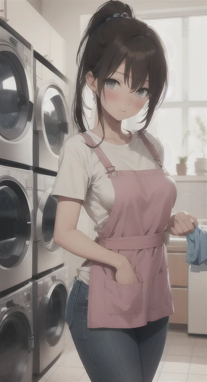 (masterpiece:1.3, Top quality), (Practical, photoPractical:1.4), Beautiful illustration, (Natural side light, light),
look down, whole body, from below, 1 girl, Japanese, high school, Perfect face, (Perfect anatomical structure), Cute and symmetrical face, shiny skin,
(long hair, Ponytail, brown hair, Pink hair band), Hair between the eyes, Brown eyes, Eyelash extension, (Large Breasts: 0.8),
beautiful hair, Pretty Face, Beautiful and delicate eyes, Beautiful clavicle, Beautiful Body, Beautiful breasts, Beautiful thighs, Beautiful legs, beautiful fingers,
((Extremely fine clothing, White collar shirt, skirt)),
(Beautiful scenery), Depth of Field, Detailed background, laundryroom,Kneeling beside the washing machine,jk,超Large Breasts,