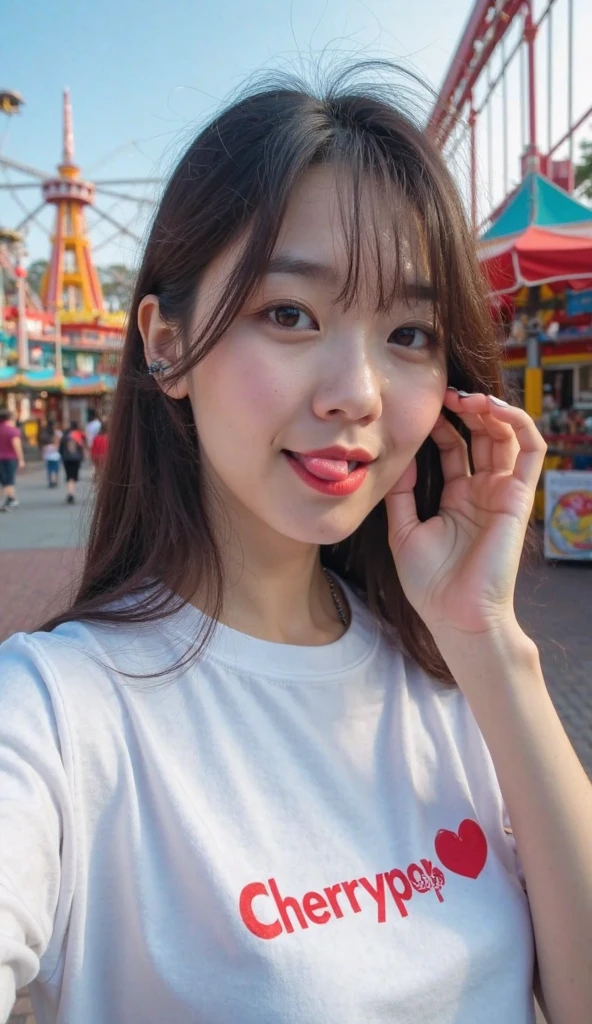A young woman holding a large candy in a candy-themed amusement park, avoiding sensitive expressions.