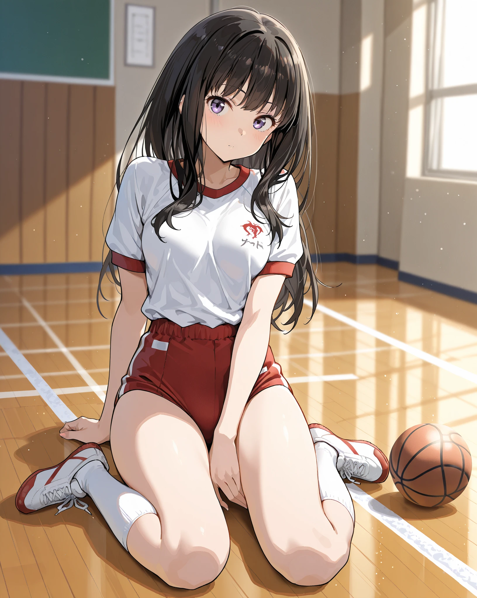 UHD, anatomically correct, 8k, (((masterpiece))), (((best quality))), (((ultra detailed))), (((high-resolution))), ((super fine illustration)), ((Ultimate cutie)), detailed beautiful face, 1girl ball black_footwear black_hair black_socks blush braid brown_background brown_eyes closed_mouth collarbone crotch elbow_pads gradient_background kneepad long_hair looking_at_viewer orange_background red_shirt red_buruma sleeveless_shirt buruma sitting_on_ball smile socks solo sportswear spread_legs squatting thighs twin_braids volleyball_(object) volleyball_uniform wooden_floor