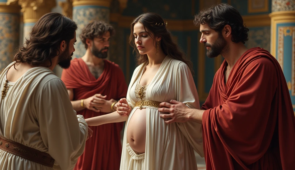 Make a woman from ancient Greece have difficulty giving birth because the doctors of that time didn't know much about medicine., I want the features of ancient Greece, the image well in the old lines
