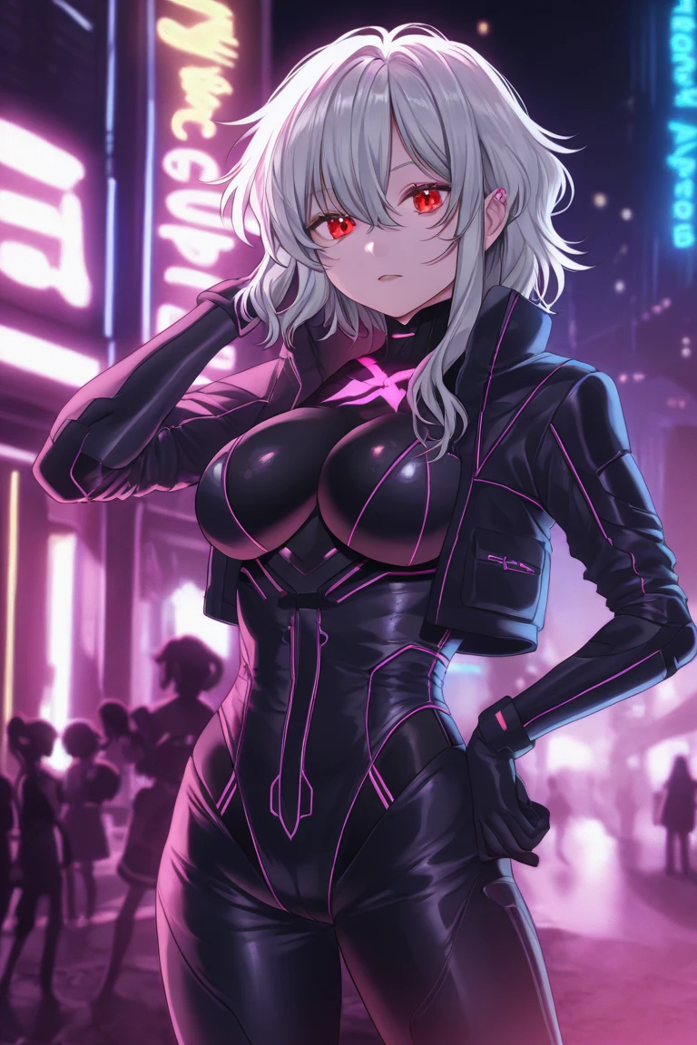 lucy \(cyberpunk\), 1girl, hair scrunchie, hime cut, silver hair, colored tips, full moon, grey eyes, jacket, long sleeves, looking at viewer, medium hair, multicolored hair, parted bangs, parted lips, pink hair, portrait, red eyeliner, red lips, solo, white jacket, cyberpunk \(series\), rainy night in a cyberpunk city with glowing neon lights