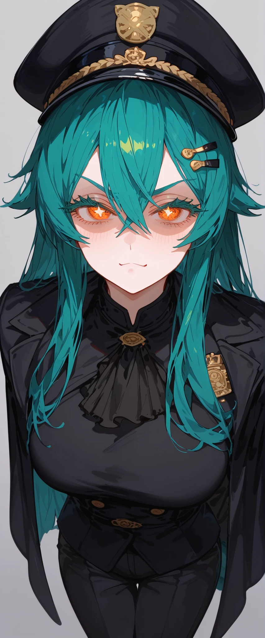 girl,Dark blue hair , dark green hair ,two tone hair,In the orange eyes,long hair,Tomboy,long hair,Long Eyelashes,thin,Hairpins,Beautiful eyelashes,starry eyes,gray background,Shy,Body Shaped Top,Fierce face,,thinเพรียว,Milf,long hair,Narrow eyes,long green fishtail,Tadu ,half eyes,Sharp eyes,Marshal's dress, Full Black Dress, Black Shawl, Navy ,General's hat,serious page, black pants ,Student Pants ,is standing, Disgusting face,awesome, terrifying, has a tail ,Pov ,Turtle view,one-sided luminous eyes,shadow under eyes,smile,