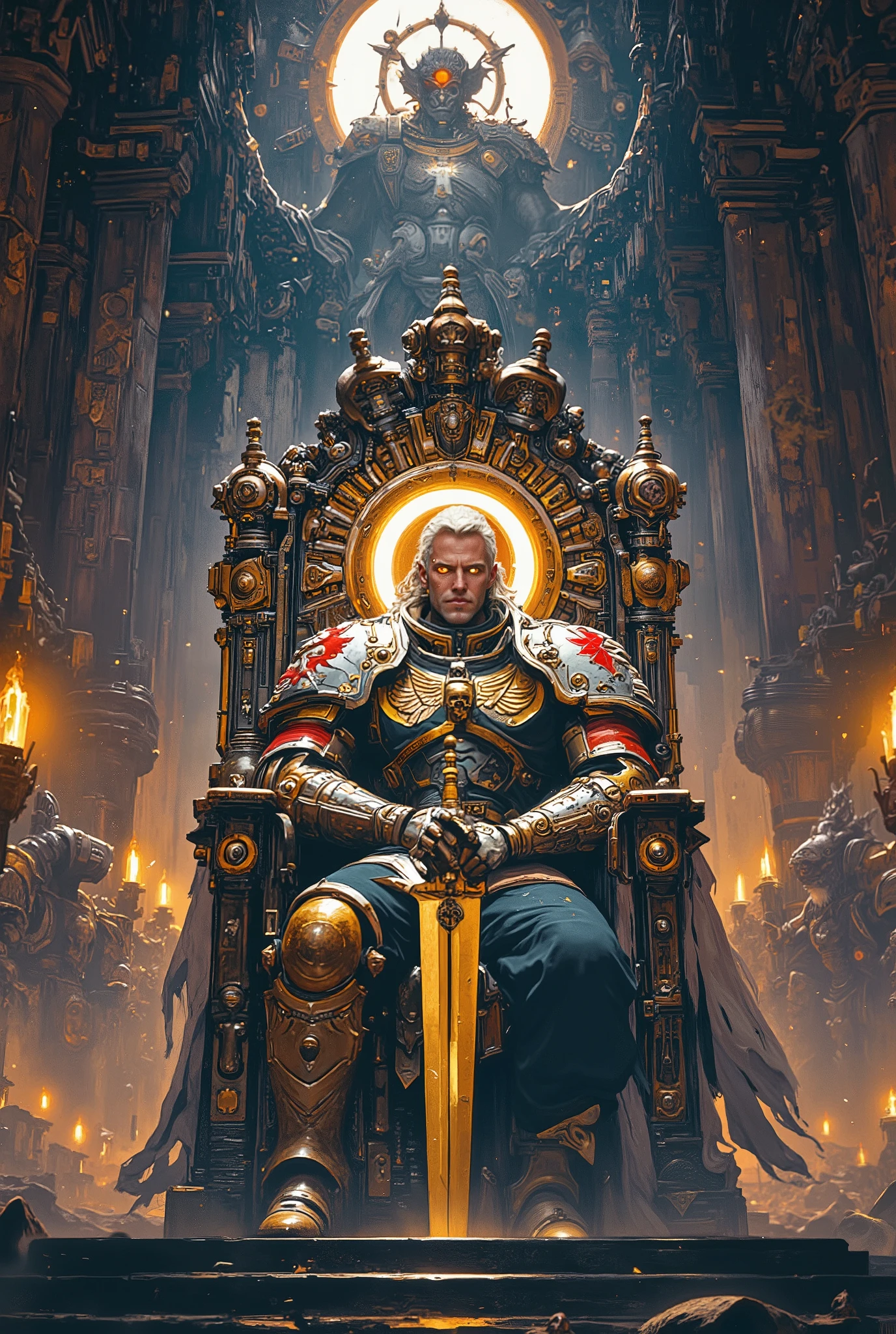 Wide view, portrait, futuristic, Sci-fi cinematic scene. Dramatic lighting Gothic-mechanical style Royal chamber background. The throne Chamber lighting with lamb and candles, Throne in center. on the throne, The Emperor sitting on Throne clad in resplendent gold and red armor, with the white cloak, he have the shining eyes, the shining annulus with ray behind his head, holding giant mech sword in his hand. Golden runes and cybernectic line decorate, Grimmdark, darktale, mechanical. (Ultra-realistic, 32k, Masterpiece, High Quality, Detailed Realistic Background, Official Art, Realistic Lighting, filmfotos, film grain, reversal film photography).
