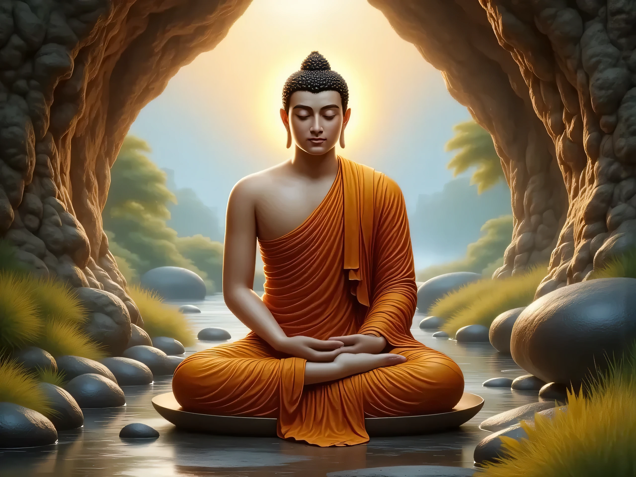 Buddha meditation in a cave