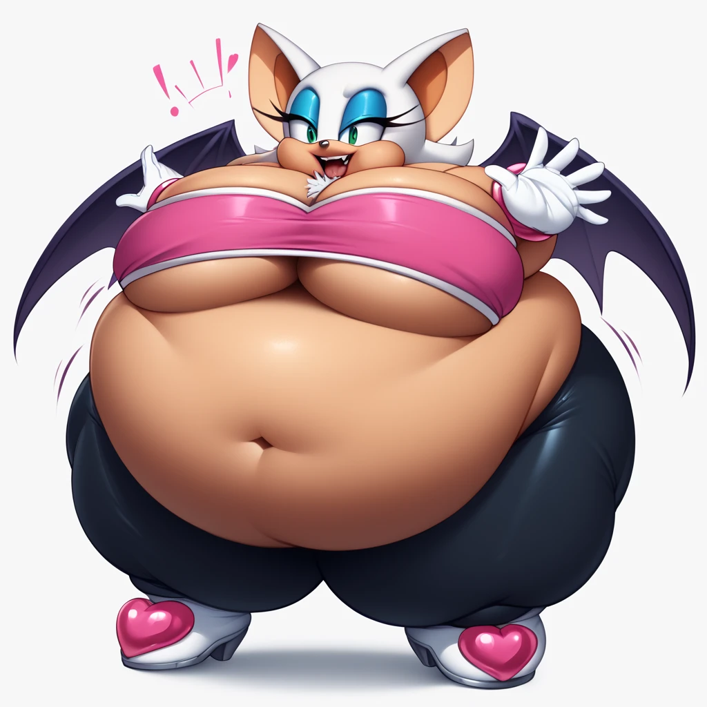 [Rouge the bat], [Uploaded to e621.net; (Pixelsketcher), (wamudraws), (napalm_express)], ((masterpiece)), ((HD)), ((High res)), ((furry)), ((solo portrait)), ((front view)), ((full body)), ((feet visible)), ((detailed fur)), ((detailed shading)), ((cel shading)), ((beautiful render art)), ((intricate details)), {anthro, (white fur), (orange skin), black nose, bat ears, cute blue eyes, (half-closed eyes), (blue eyeshadow), short tail, (curvy hips), (beautiful legs), (smug grin)}, {(black bodysuit), (pink shirt under bodysuit), (cleavage), (white gloves), (white knee-high boots)}, {(sitting on table), (crossed legs), (looking at viewer)}, [background; (hallway), (museum), (ambient lighting)], huge overfilled breast_implant, huge keep_inflating_Extrem_like a blimp, filling her up more plump , large Breast Implants breast expander fill up, extremely huge inflated muscles, hawaii Strand im hintergrund