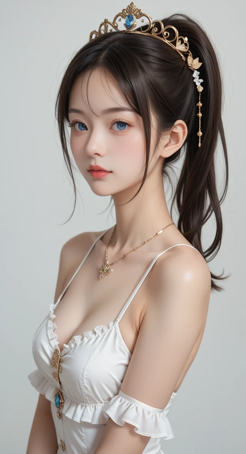 ((((upper body shot)))),((((nude)))),((((nipples)))),(((sagging breasts))),Ultra-high resolution,big eyes,Japanese,(a girl),(1 girl),((baby face)),((lolita)),((12 years old)),((cute)),pretty,earring,((facing at viewer)),necklace,((twintail)),(gold hair accessories),(((gold body lace))),(((street)))
