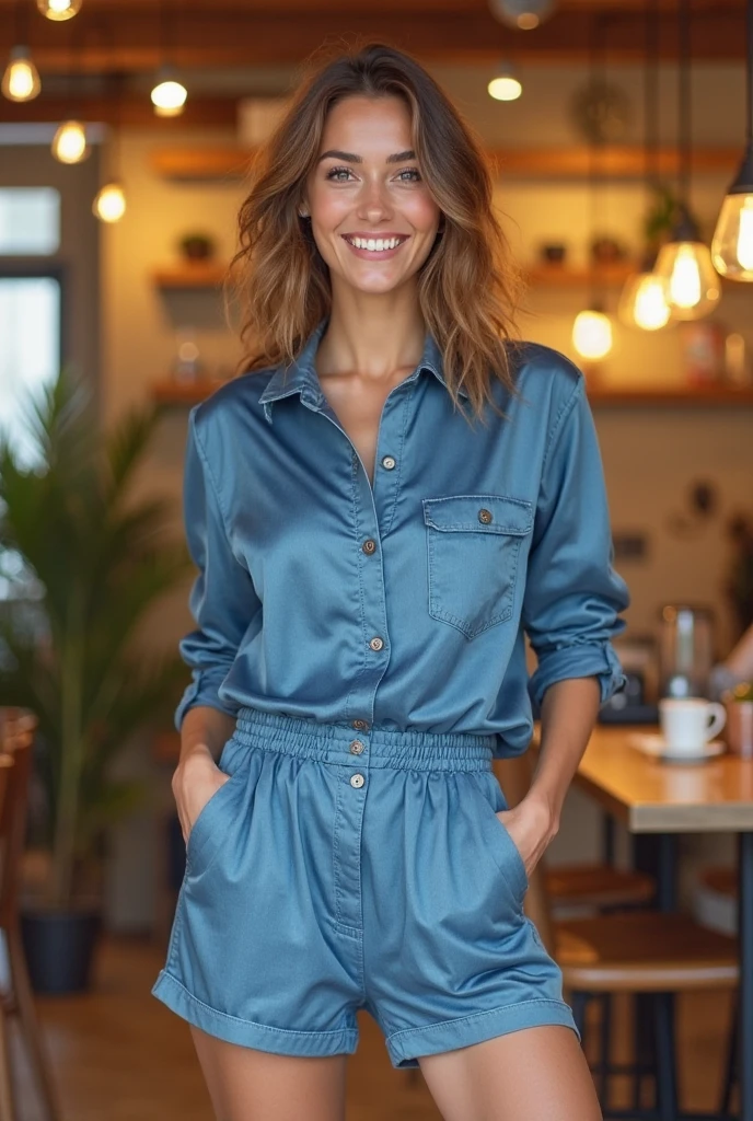 (conjoined_dicephalus), (2heads), portrait photo, 18-year-old white girl, tomboy, extremely short blonde hair, blue eyes, light makeup, wearing a blue dress jumpsuit, square glasses, skinny, standing in front of a gray backdrop, smiling