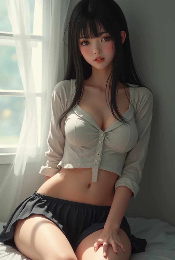 Highly detailed CG Unity 8k wallpaper, highest quality, Super detailed, masterpiece, realistic, photo realistic, Highly detailed cute girl, 20-year-old, (skirt lift), ((skirt lift by myself)), white panties , panties focus、detailed panty patterns、blush, parted lips, looking at the viewer、half body shot , wearing an off-shoulder shirt , (crowd), (crowded park) , short hair、Play on playground equipment in the park、sit on playground equipment in the park、