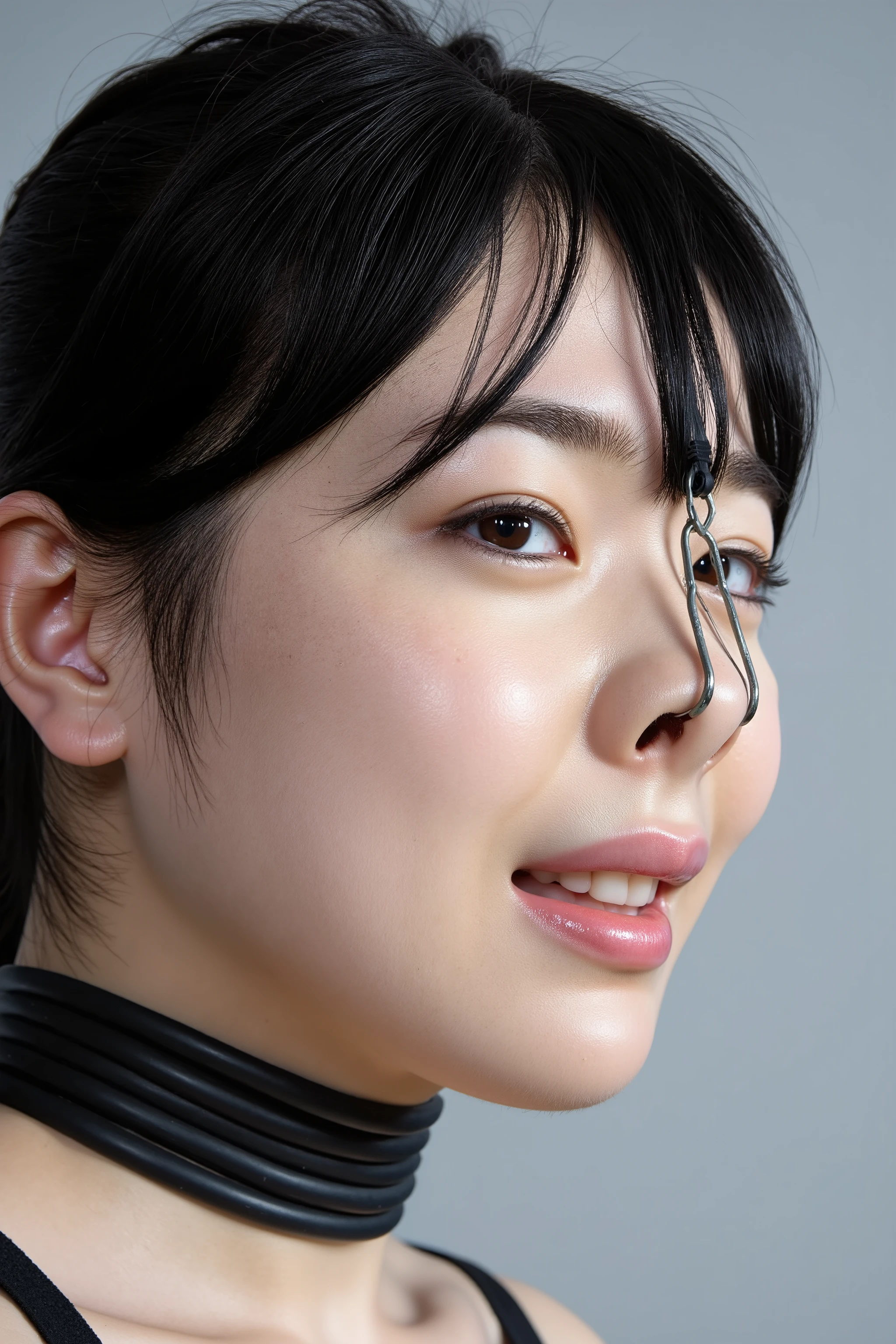 A high resolution photograph of a Japanese young woman, masterpiece, photo-realistic, natural lighting, film grain, portrait, fashion shoot, solo, 1girl, clothed, black hair, detailed face, detailed eyes, sophisticated nose, pale skin, fine-textured skin, smile, (collar, nose hook with chain wrapped around top of her head, nose hook makes her nose look like a pig nose, hooking in her nostrils:1.5), (profile, side view, view from below, facing up, chin-up, face focus:1.4), close-up of face, simple background,
