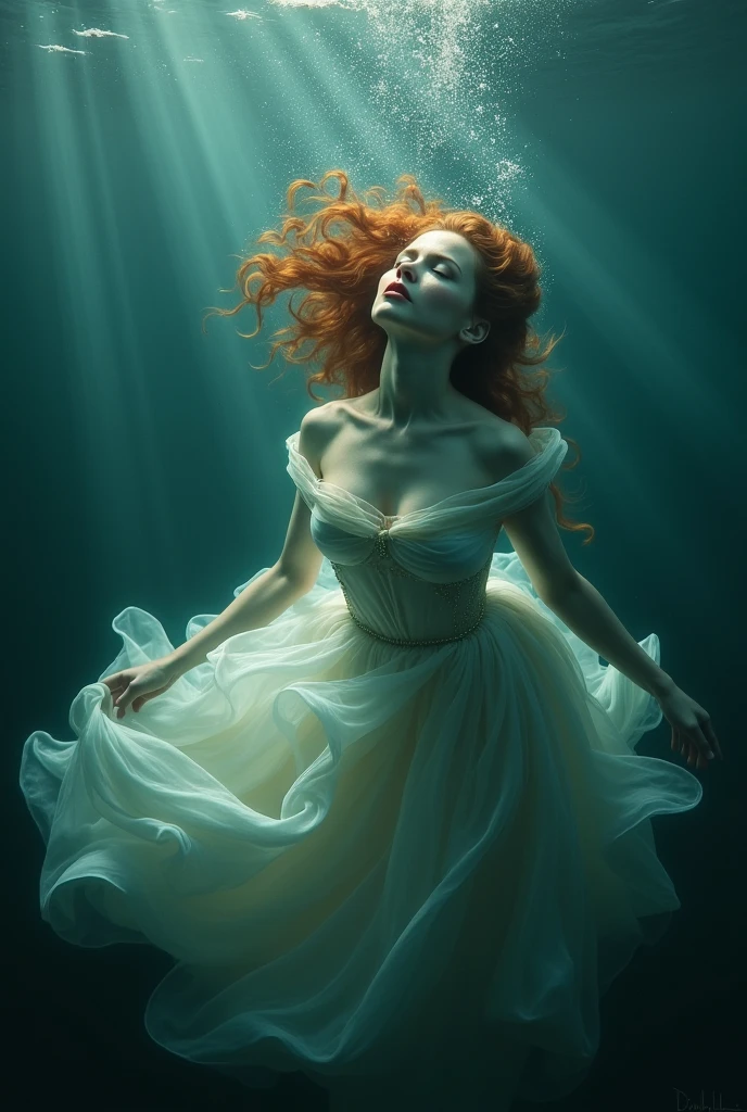 There is a russian woman in a white dress floating in the water, floating underwater, floating drowned, floating in water, female floating, underwaterphotograph, Portrait of a woman underwater, she is floating in the air, dramatic floating pose, floating in perfume, underwater photo, elegant floating pose, underwaterphotograph, floating underwater in a lake, submerged in water,skin texture,8K,large breasts,redhead,irish fair skin.
