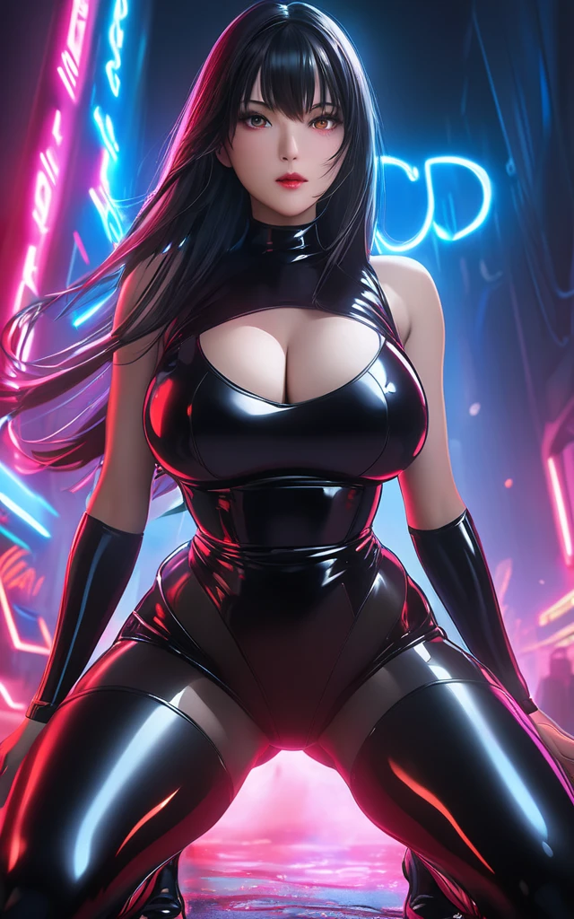 best quality,(RAW photo:1.2),(masterpiece:1.4),(photorealistic:1.4),(highres:1.4), 1girl, depth of field, flight attendant, intricately detailed,8k, extremely detailed, perfect lighting, epic background, solo, super fine photo, portrait digital art Unreal Engine 5 8K UHD of a girl, concept art, character concept design, fetish clothing, rubber clothes, wearing black latex bodysuit with straps and belts, long white latex gloves with straps, latex high heels, long hair, seduce face, cyberpunk fashion design, walking in futuristic town, night time background, best quality, masterpiece, super detailed, sharp focus, female pose