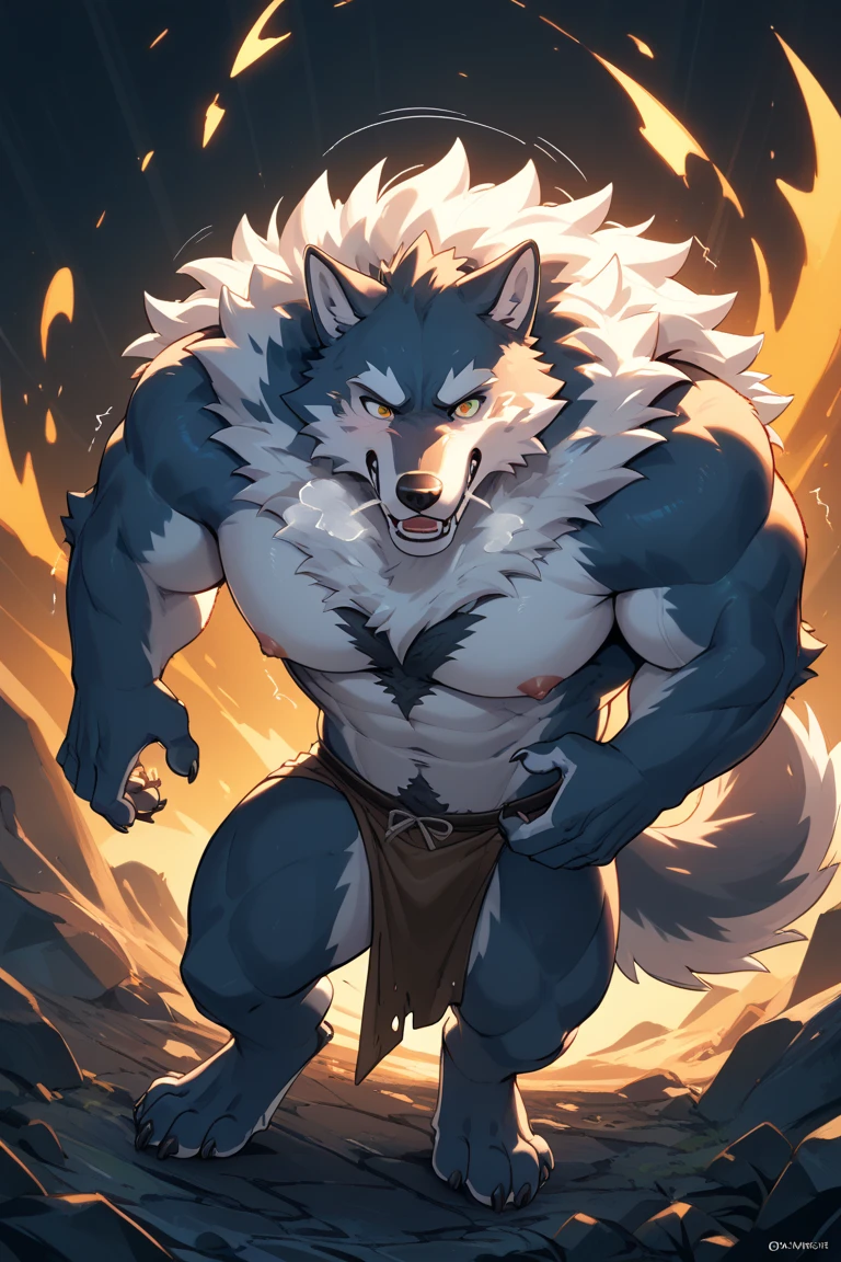 solo, kemono, (wolf), anthro (wolf), anthro, male, anthro male (wolf), anthro (wolf), tail,muscles, handsome, nude, bulge, big abs, cloudy, simple background, depth of field, perfect lighting, (light particles),(best quality),(masterpiece),(ultra detailed),sharp focus, light particles, strong, smiling, rippled muscles, ultradetailed face, ultradetailed eyes, looking at viewer, good looking, bareness, ((detailed face)), featureless crotch, full body