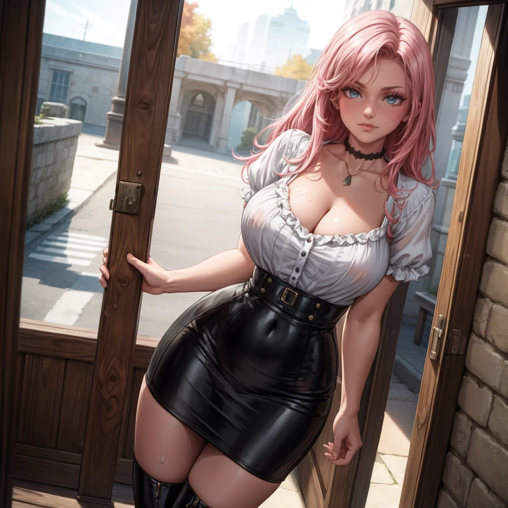 Masterpiece, beautiful art, 8k, art style by sciamano240, very detailed face, detailed hair, detailed clothes, detailed fabric, 1girl, beautiful face, long hair, hot pink hair , model head shot, facing camera, very detailed green eyes, sultry smile, wearing classy fall clothes, white dior thigh boots, white pencil skirt, walking , out shopping, necklace, chocker, rosey cheeks, sunny fall setting, full body view, photorealistic, indirect lighting, volumetric light, ray tracing, hyper-detailed, best quality, ultra-high resolution, HDR, (8k, Best Quality, Masterpiece:1.2), Ultra Detail, RAW Photo, Super Resolution, Professional Photo, Extremely Detailed and Beautiful, lot of drool, sweat, belly inflation