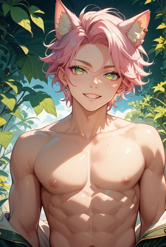Solo, 1 male, pink hair, gold eyes, white shirt, smile facial, a single tattoo on stomach, penis, cum