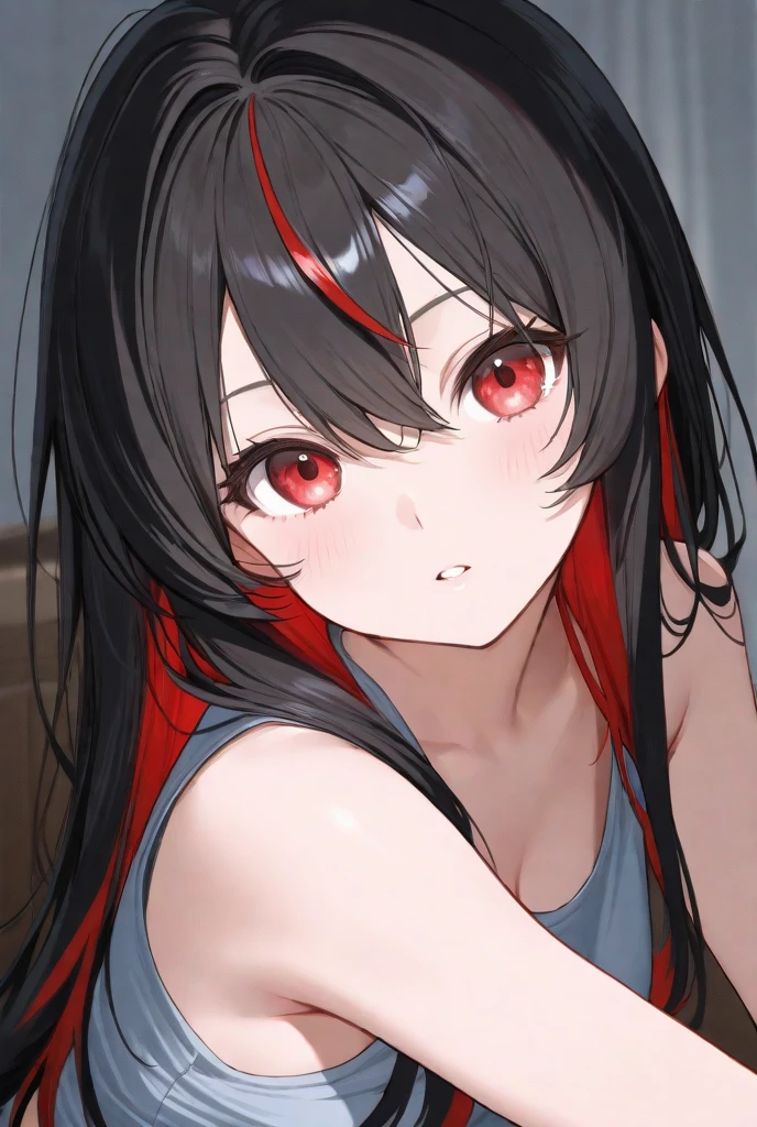 Explicit,nsfw,1girl,Solo,(red eyes and black eyes:1.3),light hair,grey eyes,best quality, very aesthetic, absurdres,eyes,breasts,attractive,adorable,simple,side locks,sideburns,bigbreast,(Gradient hair),(black hair:1.3),(Androgynous:1),(straight on),big breast,Good skin,straight hair,looking at viewer (red and black),(White Breath),upper body