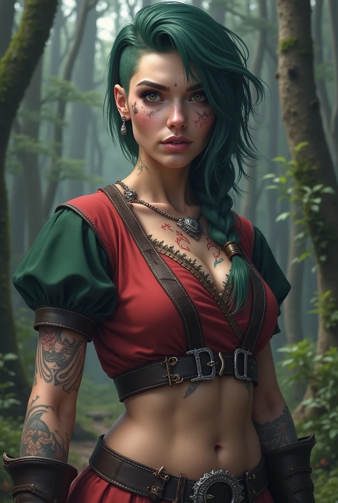 Ultra realistic, male with red hair is holding hands with blonde silver haired beautiful female with her pet dragon walking through a village full of barbarian men women and children deep in the forest,