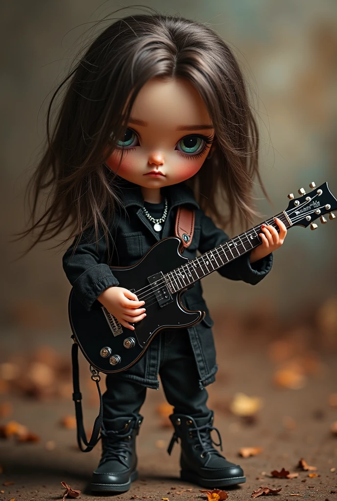 Dark-haired baby doll with blue shirt and white shorts standing with guitar in hand 