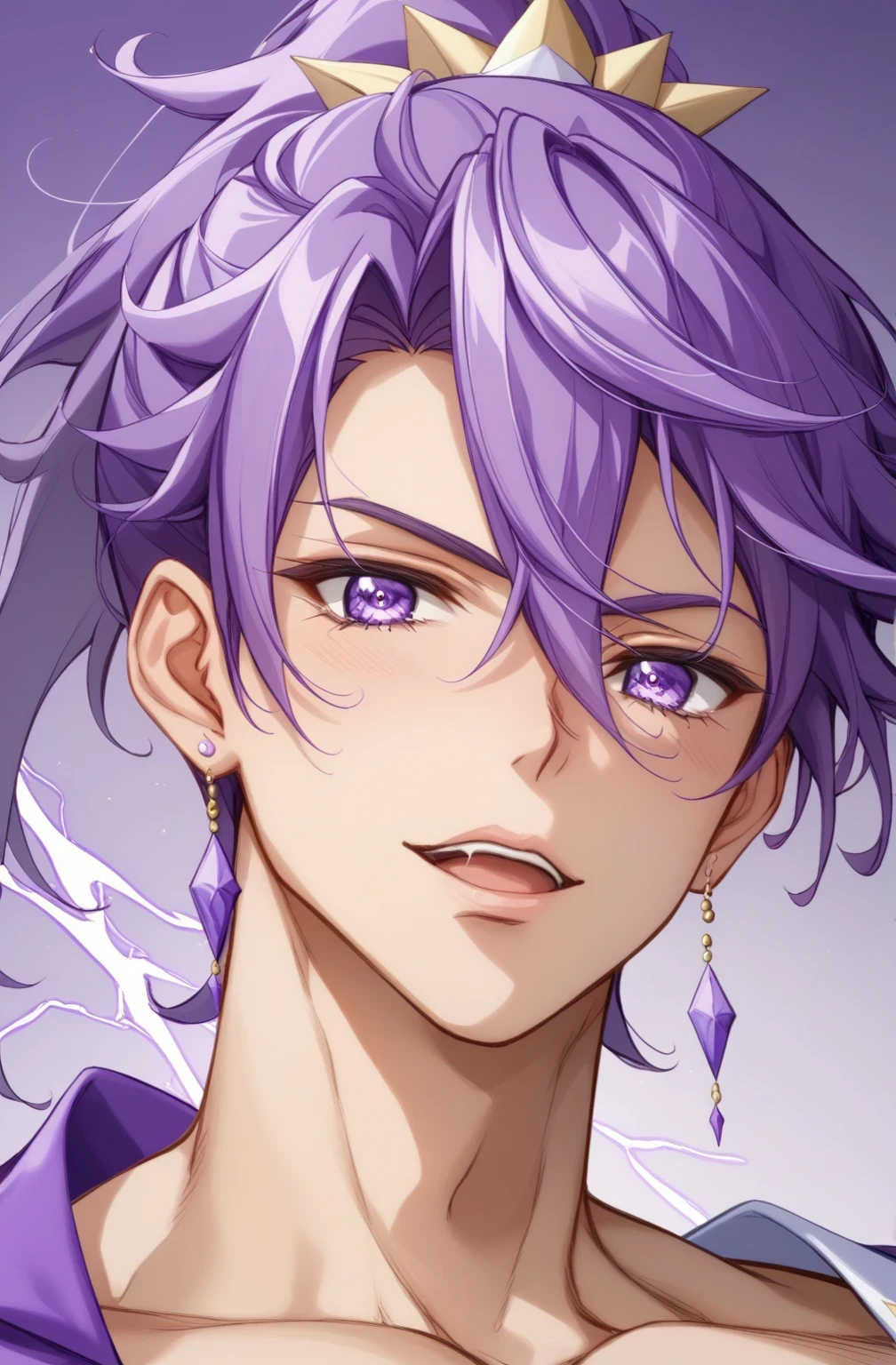 score 9 、score 8 up、score 7 up、source anime、masterpiece、top quality、high resolution、anime coloring、1boy、cure sword、(male:1.5)、close-up of a boy cartoon character with purple hair、high short ponytail hair、spade shape hair ornament、solo、portrait of Magic Boy、boy in purple dress、isolated、Long Legged 、Heavenly Aura、Lightning Aura、purple miniskirt、collarbone、white shoulder pads、 purple arm warmers、purple detached sleeves、purple waist bow、bare thighs、purple thigh high boots、 Symphogear Flavor 、Boy with short purple hair、 Prince of Amethysts 、Official Character Art、style of Magic Boy、masculinization、Magic Boy、 Anime Boy 、Official Art、high resolution、perfect outfit、sparkling Magic Boy、(manly:1.5)、With Sparkling Purple Eyes 、perfect body、trapezius、perfect hands、perfect arms、perfect legs、thigh muscles、semitendinosus muscles、covered adductor magnus muscles、 male focus、looking at viewer、solo focus、cowboy shot、(male body:1.5)、beefcake style、purple background、