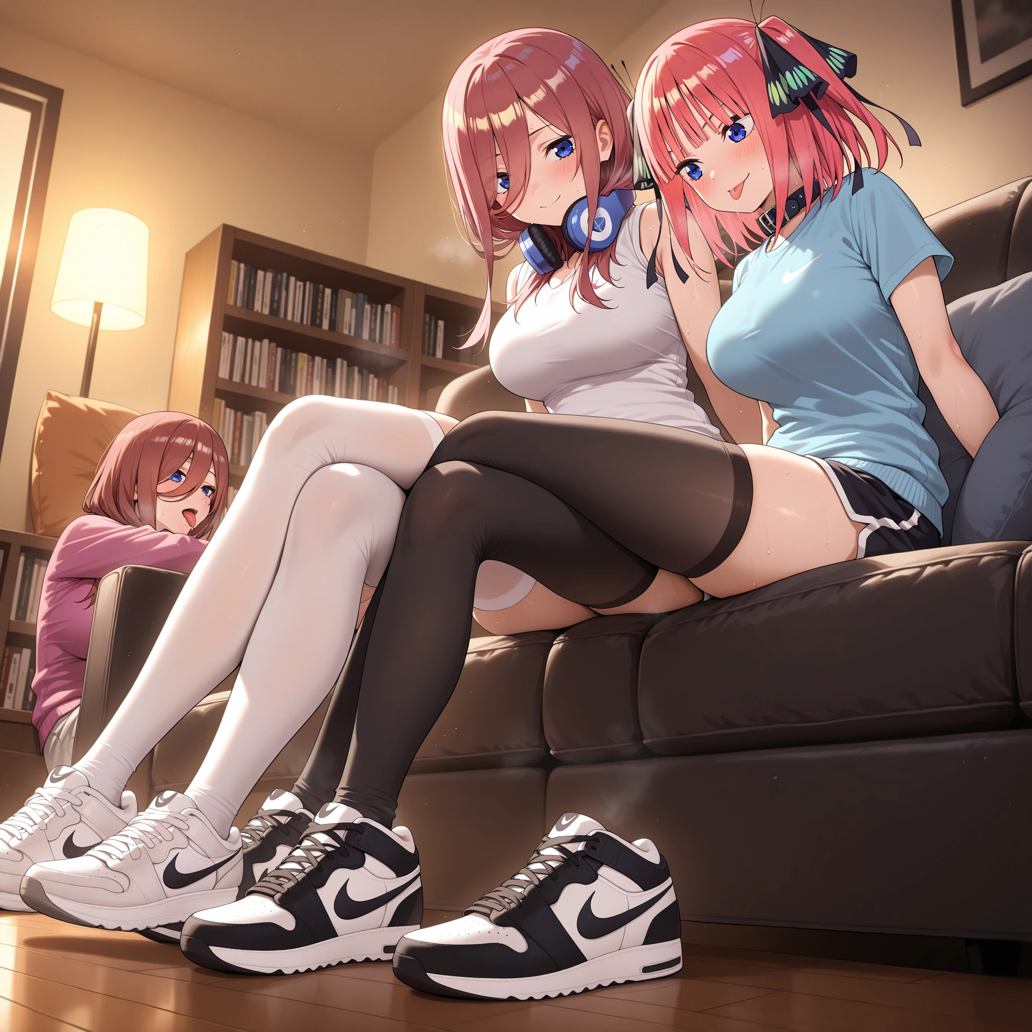 (8K, Highest quality, Highest quality, masterpiece), sit on the floor, (denim hot shorts), (mini shorts), big breasts, ((spread legs 1:2)), (fullbody), smile, nn11girl, hair ribbon, long hair, anime girl