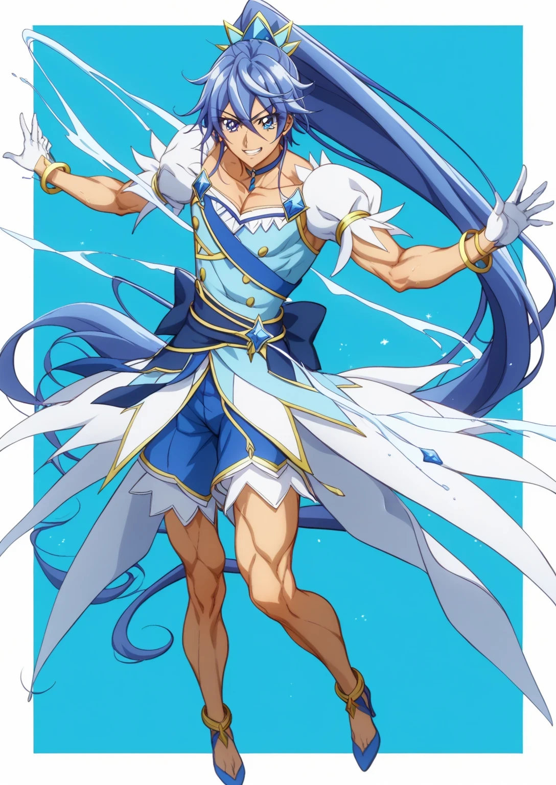 score 9 、score 8 up、score 7 up、source anime、masterpiece、top quality、high resolution、anime coloring、1boy、cure diamond、(male:1.5)、Close up of a blue-haired boy cartoon character、high long ponytail hair、dia shape hair ornament、solo、portrait of Magic Boy、Boy in a blue dress、isolated、Long Legged 、Heavenly Aura、Ice Aura、blue miniskirt on the couch、collarbone、white puffy sleeves、white gloves、yellow bracelet 、blue waist bow、Bare legs、bare thighs、white high heels、 Symphogear Flavor 、Boy with long blue hair、 Prince of Sapphire 、Official Character Art、style of Magic Boy、masculinization、Magic Boy、 Anime Boy 、Official Art、high resolution、perfect outfit、sparkling Magic Boy、(manly:1.5)、 With Shining Blue Eyes 、perfect body、trapezius、perfect hands、perfect arms、perfect perfect legs、thigh muscles、semitendinosus muscles、adductor magnus muscles、 male focus、looking at viewer、solo focus、cowboy shot、(male body:1.5)、beefcake style、blue background、