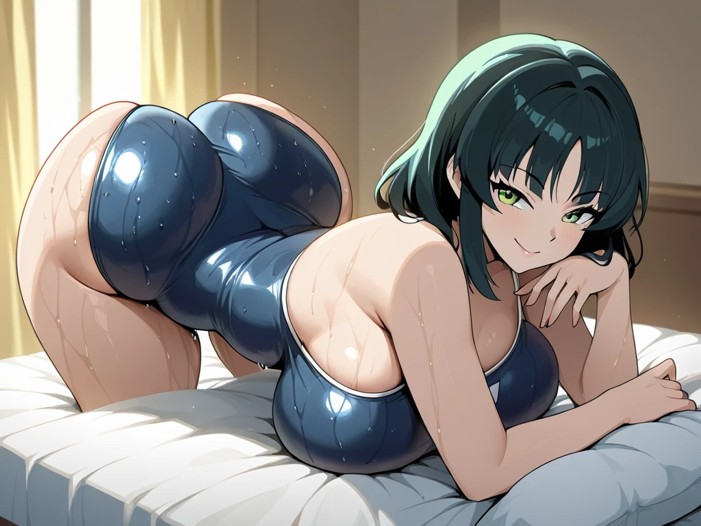 kuroda kazuya, score_7_up, source_anime, very aesthetic, absurdres, rating explicit, 1girl, solo, looking at viewer, blush, cowboy shot, green swimsuit, large breasts, short hair, hime cut, simple gray background, ass, on side, lying