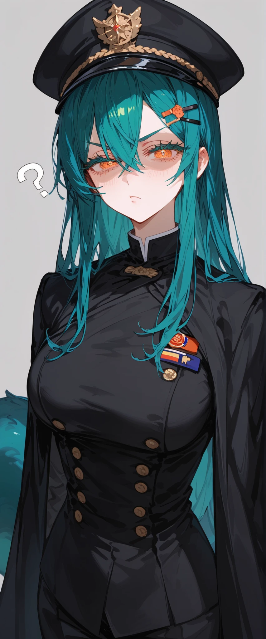 girl,Dark blue hair , dark green hair ,two tone hair,In the orange eyes,long hair,Tomboy,long hair,Long Eyelashes,thin,Hairpins,Beautiful eyelashes,starry eyes,gray background,Shy,Body Shaped Top,Fierce face,,thinเพรียว,Milf,long hair,Narrow eyes,long green fishtail,Tadu ,half eyes,Sharp eyes,Marshal's dress, Full Black Dress, Black Shawl, Navy ,General's hat,serious page, black pants ,Student Pants ,is standing, Disgusting face,awesome, terrifying, has a tail ,top view,one-sided luminous eyes,shadow under eyes,Confused