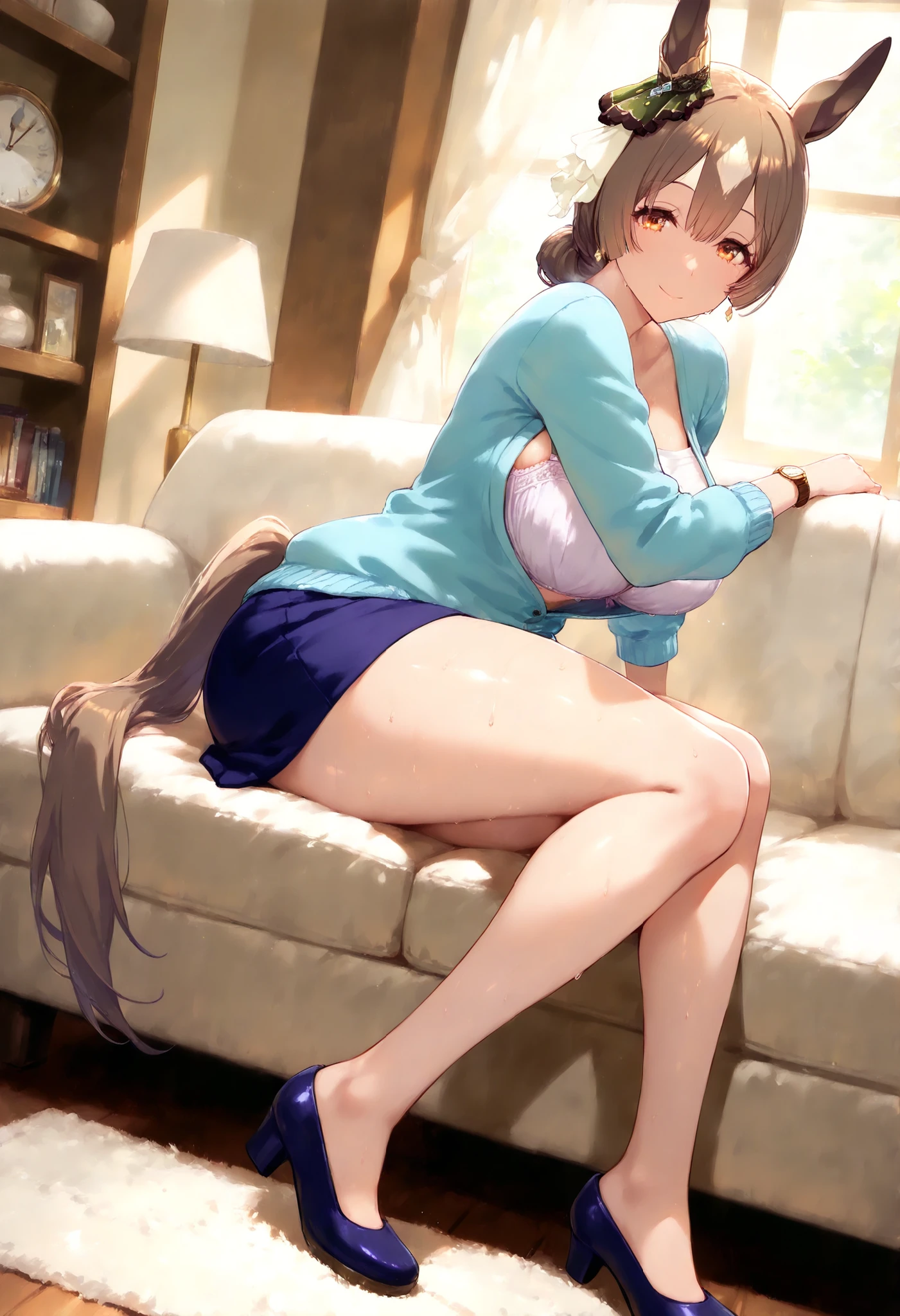 Satouno Diamond Umamusume Pretty Deby, masterpiece, top quality,, score_9, score_8_up, score_7_up ,
Satono Diamond \(Uma Musume\),nsfw,mature woman, housewife, Mature Woman, Living Room, Sofaにsitting, 1 girl, horse ears, earrings, , smile, horse tail, watch viewers,, , ,
, ,
,chest, half-open, sweat,, thick thigh, mature woman, room, Pose, 軽いsmile, white shirt, cardigan, miniskirt, thigh, , feet, , Sofa, sitting, ,,Bra, panties with DECOR, casual with short hem_Clothes, 1 girl, solo, Long, chest, watch viewers, , smile, bungs, , brown hair, , long sleeve, villages with, , closed mouth, clavicle, tail, , shorts, , streaked hair, , , forward leaning posture, , full body, 黒いshoes下, shoes,