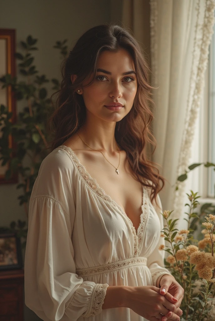 Full body, (portrait photo), ((best quality)), masterpiece, 8k wallpaper, nikon, cinematic lighting, medium hair, (black iris)), (photorealistic:1.4), (Malvka), (as maid), (deep cleavage), (kneeling)