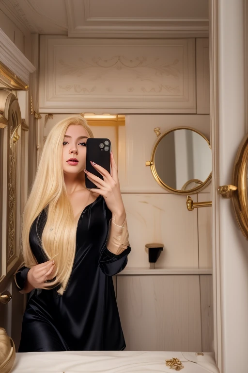A (((blonde woman))) dressed in a luxurious, intricate (((embroidered dress))), captured in an ethereal, selfie that exudes timeless elegance, glamour lighting natural