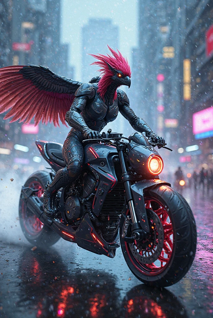 Pink-colored zanate bird with muscle, riding a motorcycle.