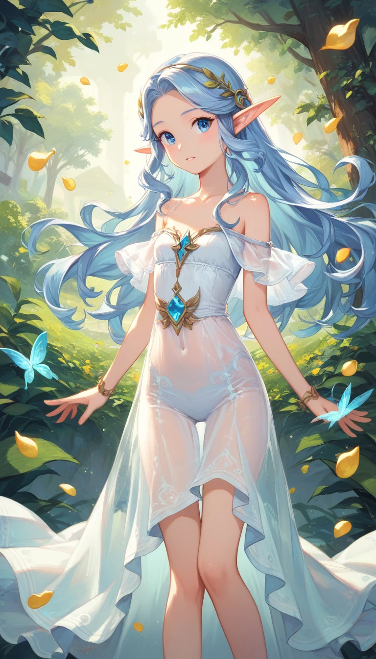 young girl 15 ,,  very long hair that touches the ground, platinum ruby hair, iridescent eyes, very slim body , very small breasts, wide hips, lips shining with moisture, dressed in a very transparent white silk toga, very small young woman and thin
