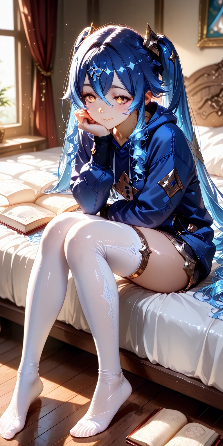 Highest quality, A seductive smile, In underwear,Frills,Lace panties,Blue tights,Sole,