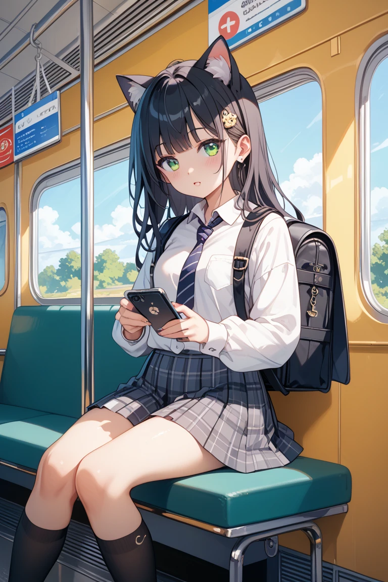 Under ,Open the first button.,clasp hands between thighs,Panty drop,twin tail,POV,Shiny, sweaty thighs:1.5,open legs,Japanese , sitting on a train,Green sheet,reading a book,sailor uniform, white shirt, red ribbon, brown leather shoes, skirt lift,black skirt,black high socks, embarrassed expression,train interior, morning light, calm atmosphere, urban setting, high quality, highly detailed, realistic photo, intricate details