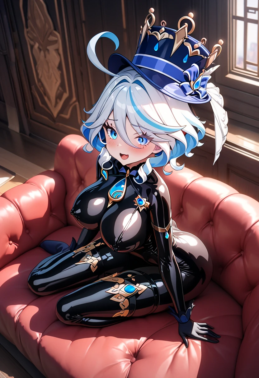 Erotic　Genshin Impact　Freena　Tall, big-breasted adult wife　Light blue sequin rubber suit off shoulder black background heart bedroom dark theme evil fall temptation excitement condescending smile sexy pose upper body emphasis upward gaze