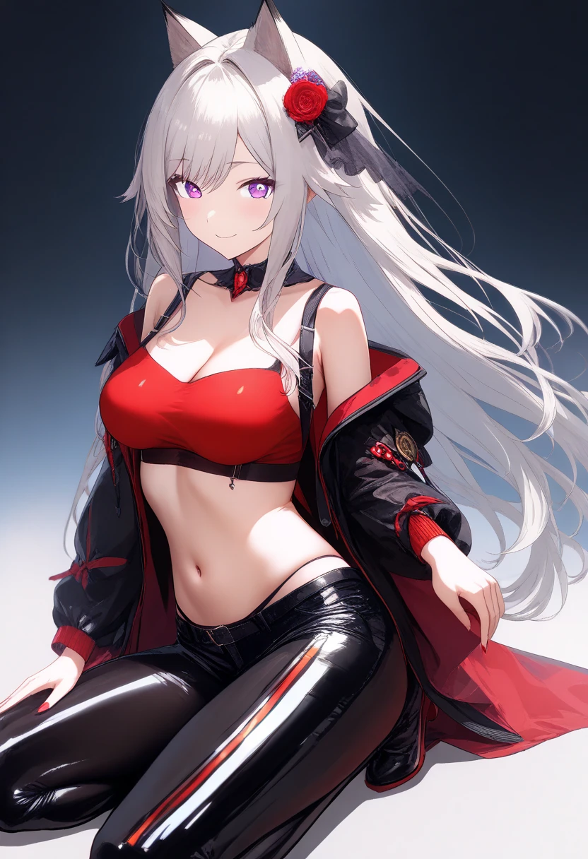 1 girl, by white, red eyes add_detail:1, belly button, looking at the viewer, hand on hip, black jacket, dolphin shorts, ingle, (white shirt:1.2), braid, very long hair, Wide hips,
under the chest, shirt,
Big\(Body proportions\), seminude