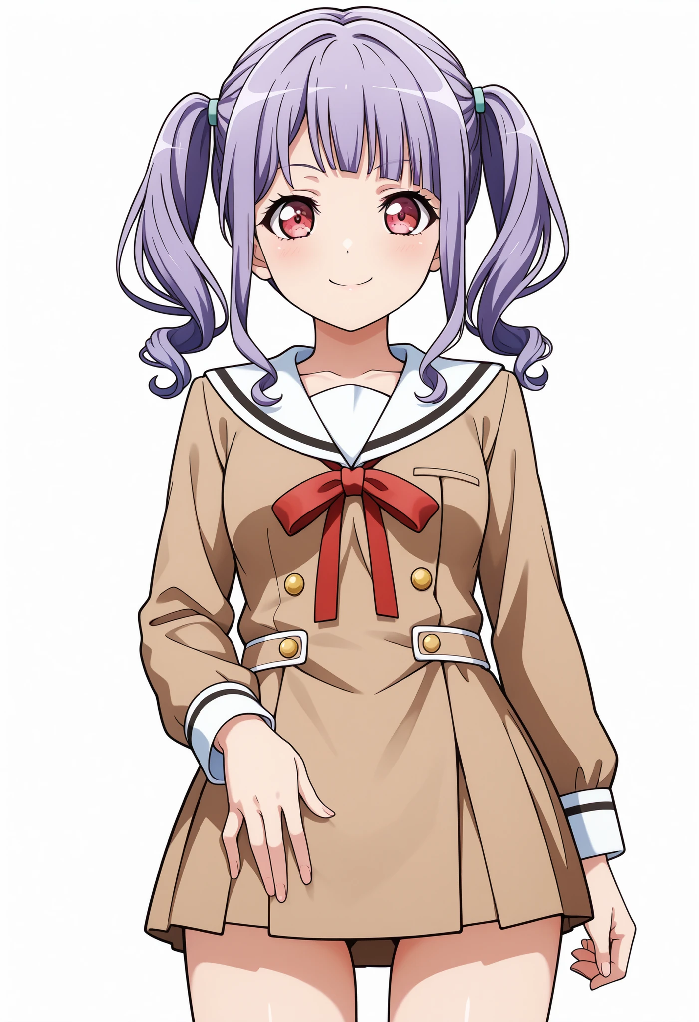 score_9, score_8_up, score_7_up, best quality, masterpiece, source_anime, anime coloring, anime screencap, official art 3d bang dream! official art 3d, Detailed eyes, Perfect eyes, good eyes, shiny color, Head is all visible, From top to thigh, From the front,
BREAK
1girl, solo, udagawa ako, medium hair, twintail, purple hair, red eyes, Blunt bangs, small breasts, BanG Dream! It's MyGO!!!!!, standing, looking at viewer, best quality, amazing quality, very aesthetic, white background, simple background, hanasakigawa school uniform, sailor dress, Long sleeve, Brown Sailor, One hand on waist, Devil's smile