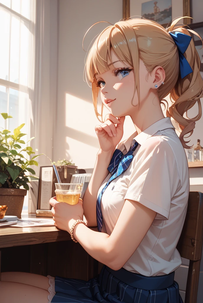 woman, barista, cute, blonde hair, anime, in cafe