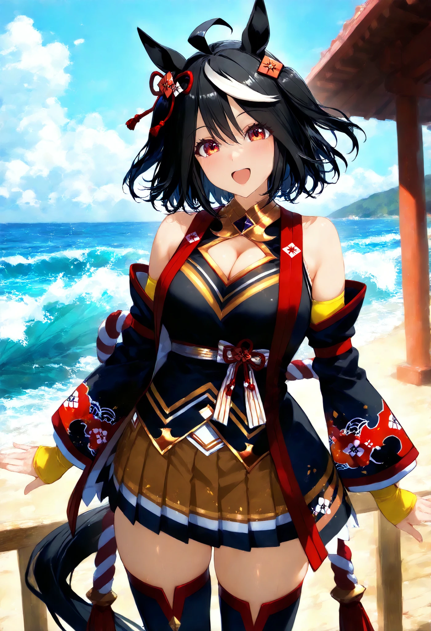 Kitasan Black Uma Musume, score_9, score_8_up, score_7_up, sauce_anime, solo, 1 girl, , happy, watch viewers, standing, waves, stupid hair, hair ornament, animal ears, cleavage cutouts, Shimenawa , Red and white rope, separated sleeve, yellow skirt, pleated skirt, black thigh high socks, bare shoulder, horse tail, Outdoors