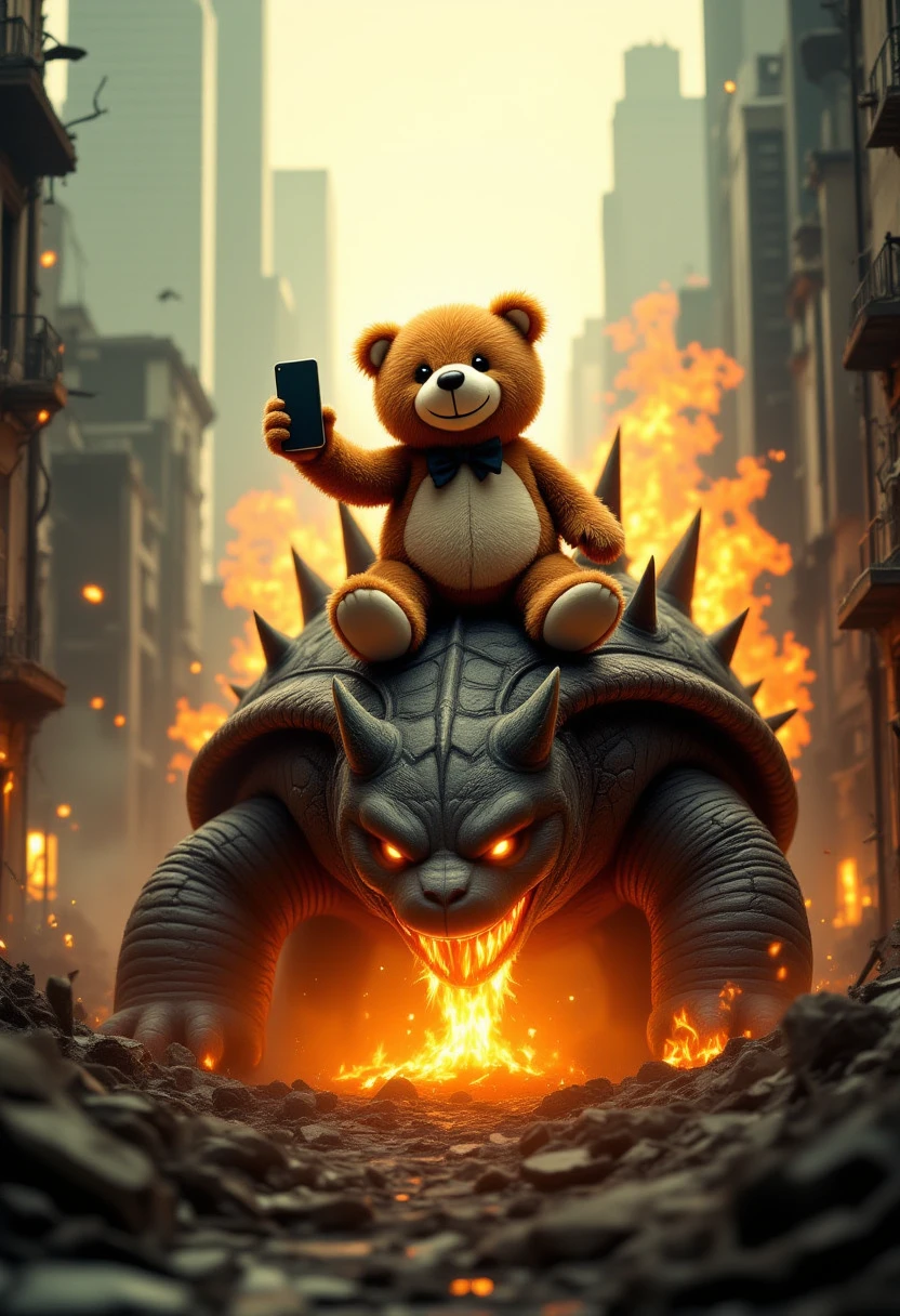 Photorealistic 8K quality. A work of art. A teddy bear is riding on the shell of the monster Gamera. The monster Gamera is breathing fire. The teddy bear is taking a selfie with his smartphone on the shell of the monster Gamera. A comical scene. In the background is a city destroyed by the monster Gamera.