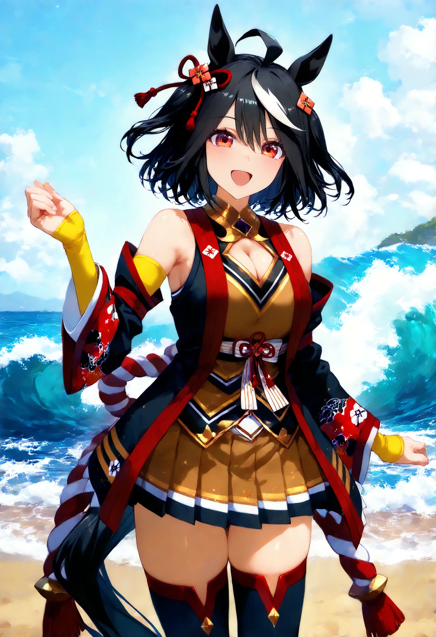 Kitasan Black Uma Musume, score_9, score_8_up, score_7_up, sauce_anime, solo, 1 girl, , happy, watch viewers, standing, waves, stupid hair, hair ornament, animal ears, cleavage cutouts, Shimenawa , Red and white rope, separated sleeve, yellow skirt, pleated skirt, black thigh high socks, bare shoulder, horse tail, Outdoors 