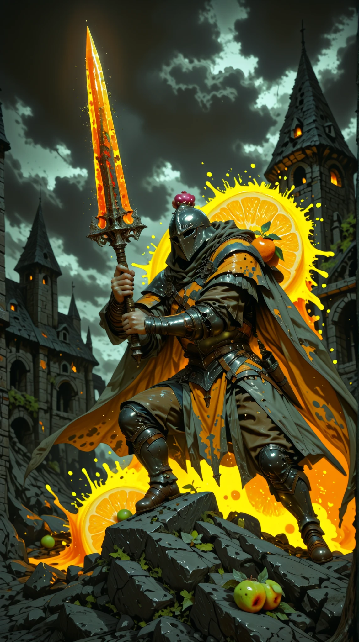 fruit knights war, fruits weapon, medieval settings, colorful splattershighly detailed 4K, digital art, fantasy medieval battle scene, fruit armors, fruits fantasy, armored fruit knights wielding colorful fruit weapons, medieval castle environment, dark cloudy dramatic sky, dynamic action composition, cinematic lighting, vibrant rich color palette, intricate detailed textures, hyper realistic, masterpiece