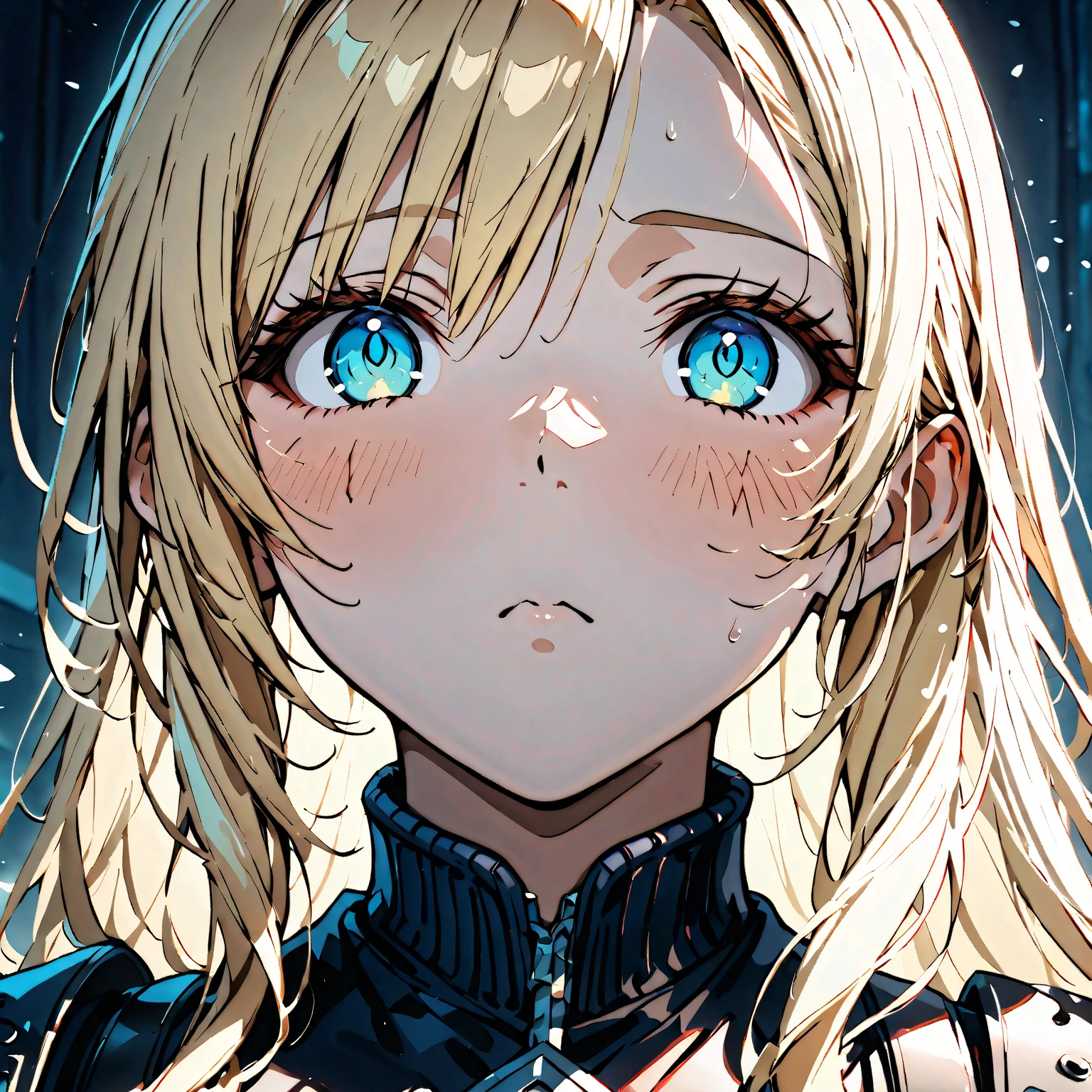 masterpiece,best quality,ultra detailed,(1 Fallen Female Knight),(rage:1.2),face close-up,look at viewer,blonde hair,long hair,blue eye,straight hair,(Rainy:1.4),(wet skin:1.3),(wet hair:1.6),(smile:0.7)