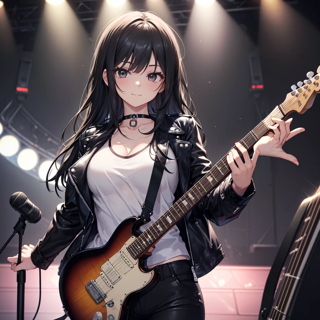 High quality digital art, rock concert, Girl with black wolf ears, Black amber hair color, Healthy, slim and fit body, Brown eyes, eyelash, Dark rocker outfit, Rock Guitar