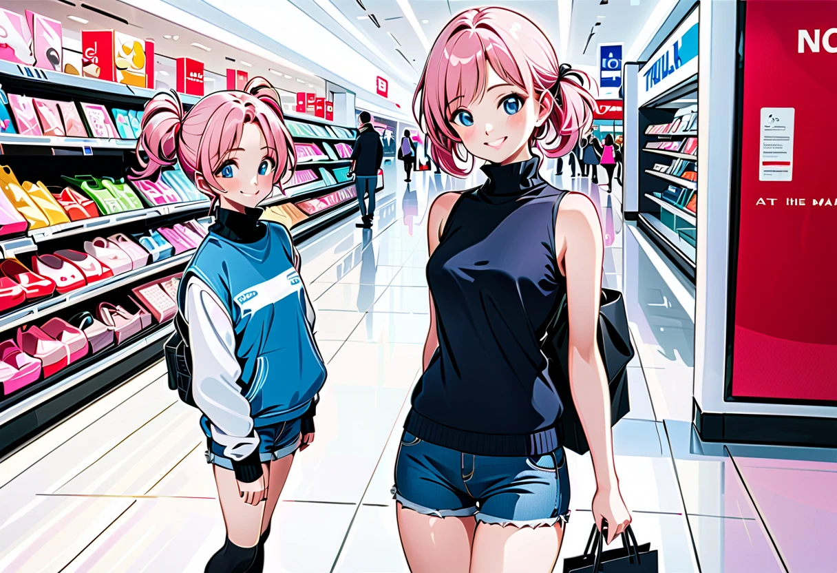 (masterpiece, best quality), clothing store, multiple girls, petite, loli, child, topless, nipple, white print panties, in a colorful clothing store, (choosing clothes), smile, fun, wide angle, vibrant colors, watercolor